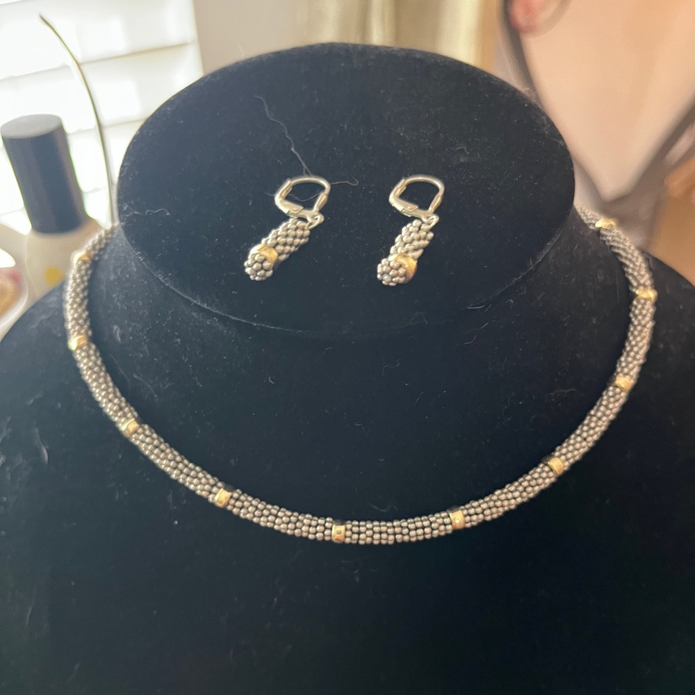 Elegant 925 Silver and 10kt Gold Beaded Necklace and Earring Set